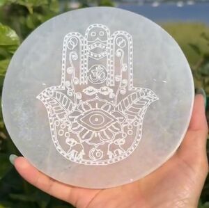 Large Selenite Satin Spar Hamsa Charging Plate